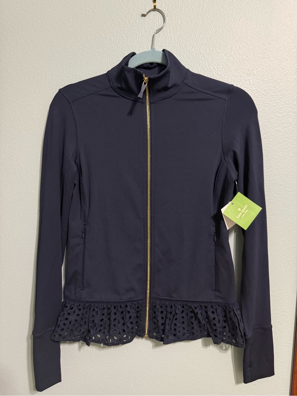 NWT Kate Spade New York Active Full-Zip Jacket with Laser Cut Lace Ruffle Hem